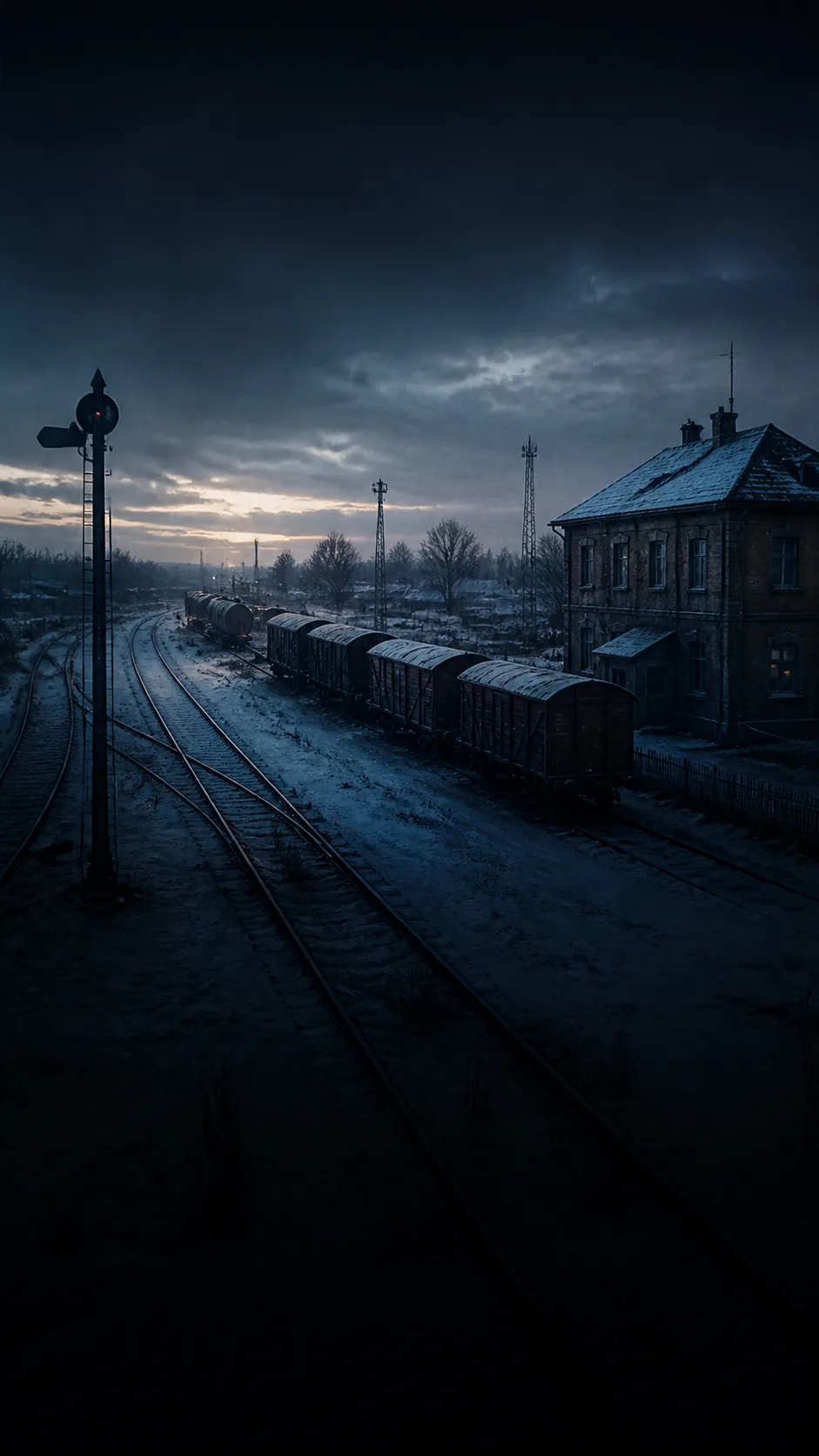 The Winter Ledger cover art: a snowbound railway station at night